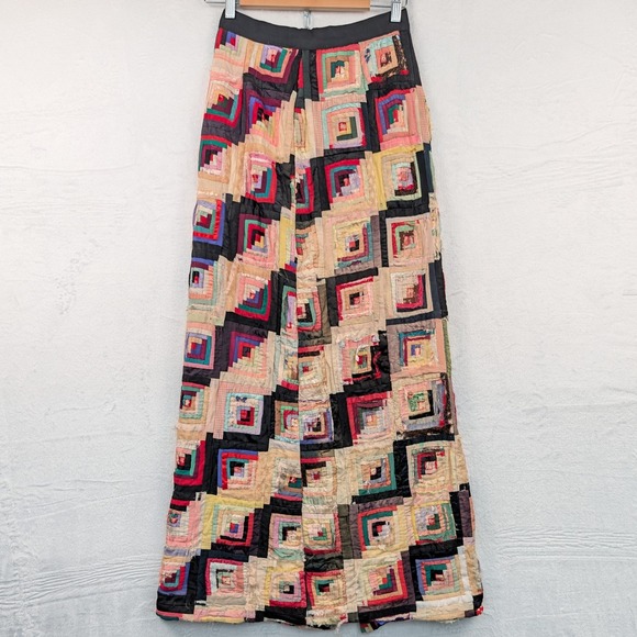 Ornaments Unlimited Dresses & Skirts - VTG Log Cabin Maxi Skirt Women's XS Multicolor Patchwork Quiltcore Boho Art 70s